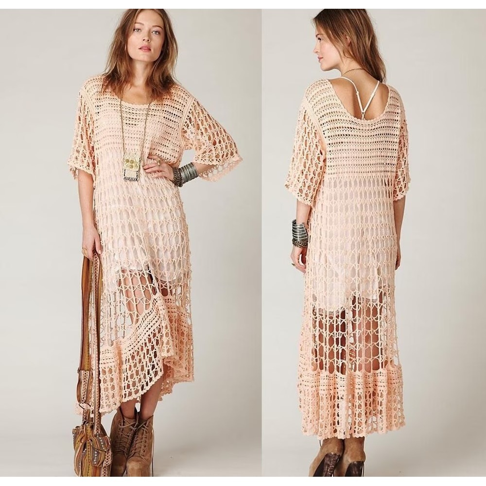 Free People New Romantics Crochet Variety Midi Dress Peach Cream Boho Ruffle XS